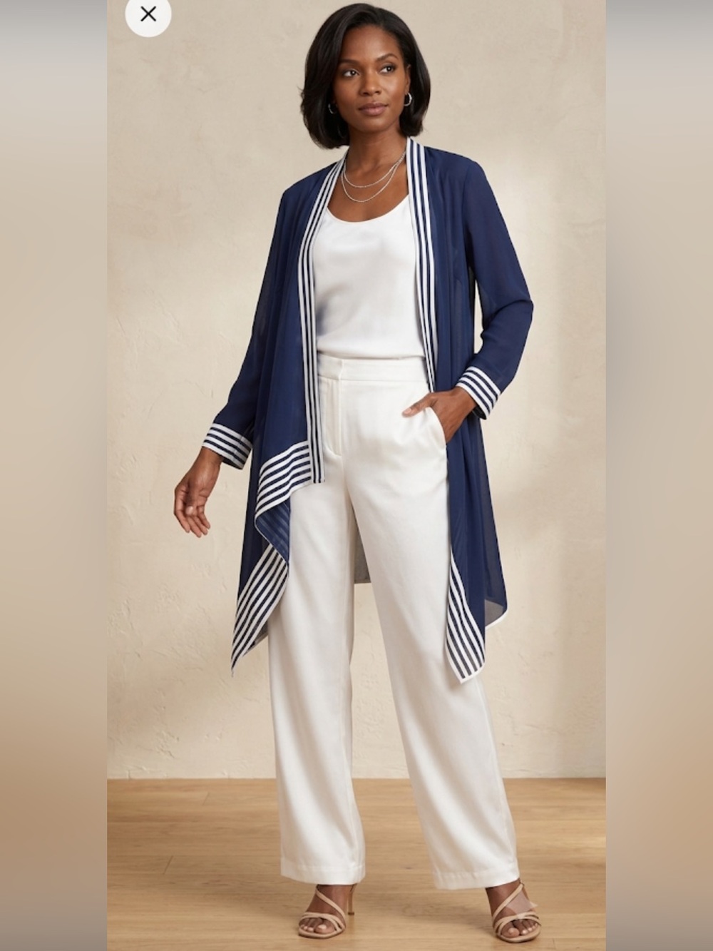 ASHRO Navy Blue Chiffon‎ Waterfall Open Front Cardigan Jacket Stripes Size 12